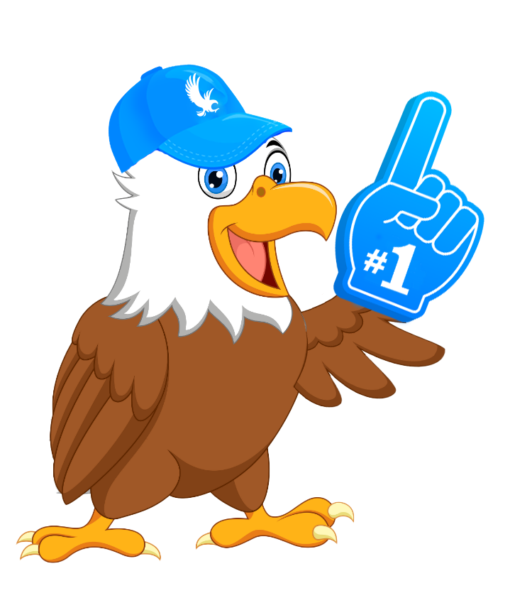 Elliott the eagle holding a #1 foam finger and cheering